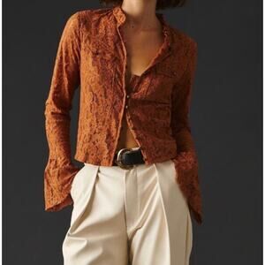 ANTHROPOLOGIE BOHO lace button down flare sleeve western top Size XS